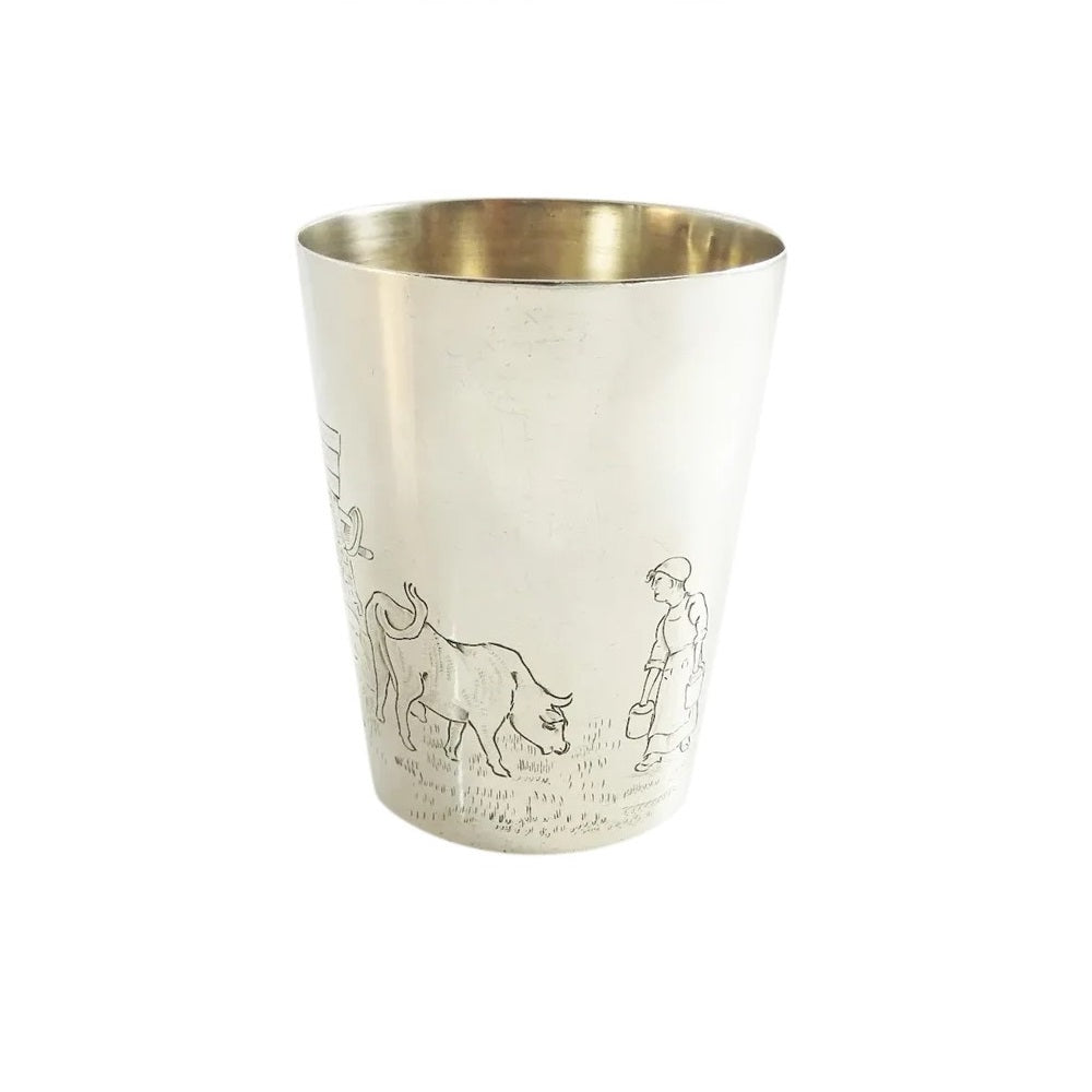 Antique French Sterling Silver Timbale or Beaker Engraved Farm Scene Antique French Sterling Silver Timbale or Beaker Engraved Farm Scene
