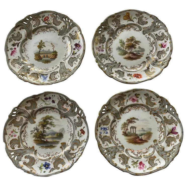 Antique Set of Eight English Cabinet Plates Hand Painted Landscape Sc Antique Set of Eight English Cabinet Plates Hand Painted Landscape Sc