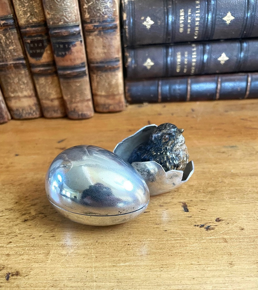 Cold Painted Bronze Inkwell, Figural Young Bird, Silver Egg Inkwel - 43 Chesapeake Court Antiques