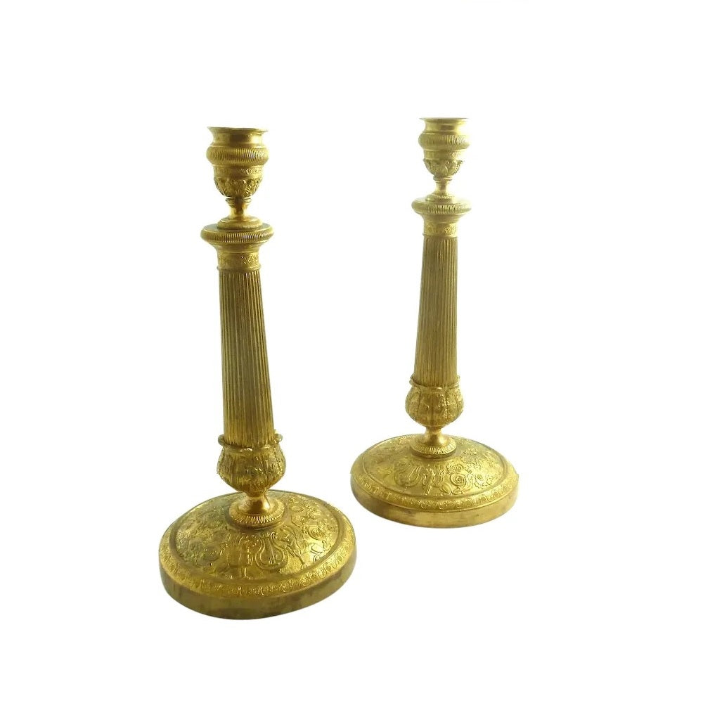 Pair Gilt Bronze Candlesticks, French Empire Style, Bronze Dore - 43 Chesapeake Court Antiques