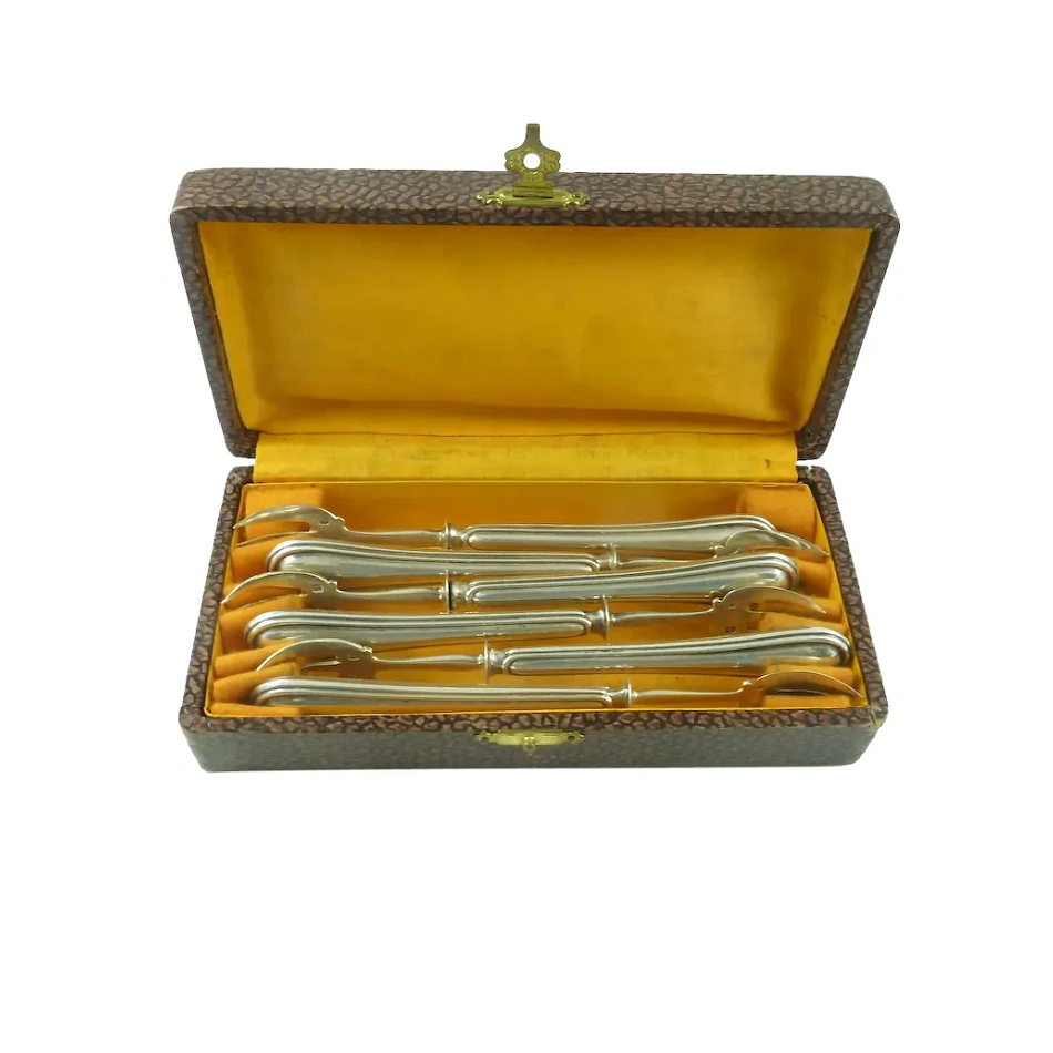 French Silver Oyster or Cocktail Forks, Boxed Set of 6 - 43 Chesapeake Court Antiques