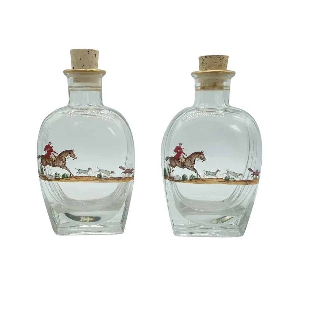 Mid-Century Pair of Decanters with Hand-Painted Fox Hunt Scenes - 43 Chesapeake Court Antiques