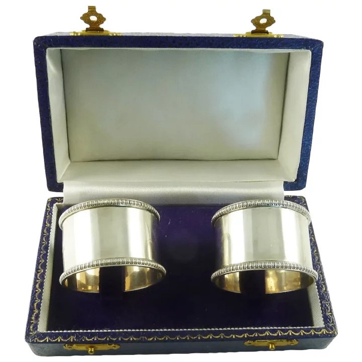 Antique English Sterling Silver Napkin Rings Pair with Gadroon Border Boxed Set - 43 Chesapeake Court Antiques