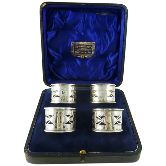 Antique English Sterling Silver Napkin Rings, Set of Four Boxed - 43 Chesapeake Court Antiques