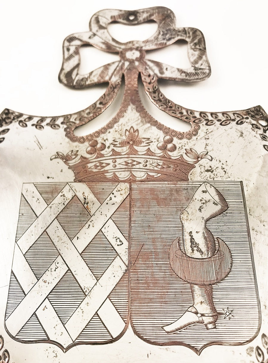 Antique French Plaque Shield Shaped Silver over Copper with Crown and Antique French Plaque Shield Shaped Silver over Copper with Crown and