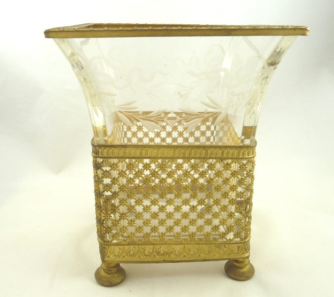 Antique French Gilt Ormolu and Crystal Vase Etched with Bows & Swags - 43 Chesapeake Court Antiques