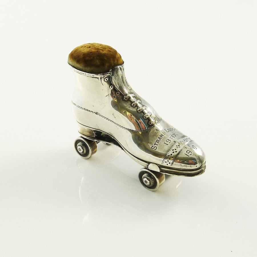 Antique English Sterling Silver Pin Cushion, Novelty Roller Boot or Skate - 43 Chesapeake Court Antiques