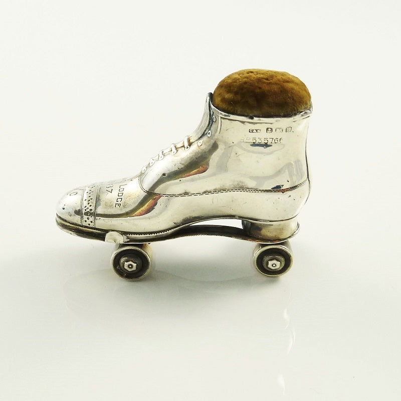 Antique English Sterling Silver Pin Cushion, Novelty Roller Boot or Skate - 43 Chesapeake Court Antiques
