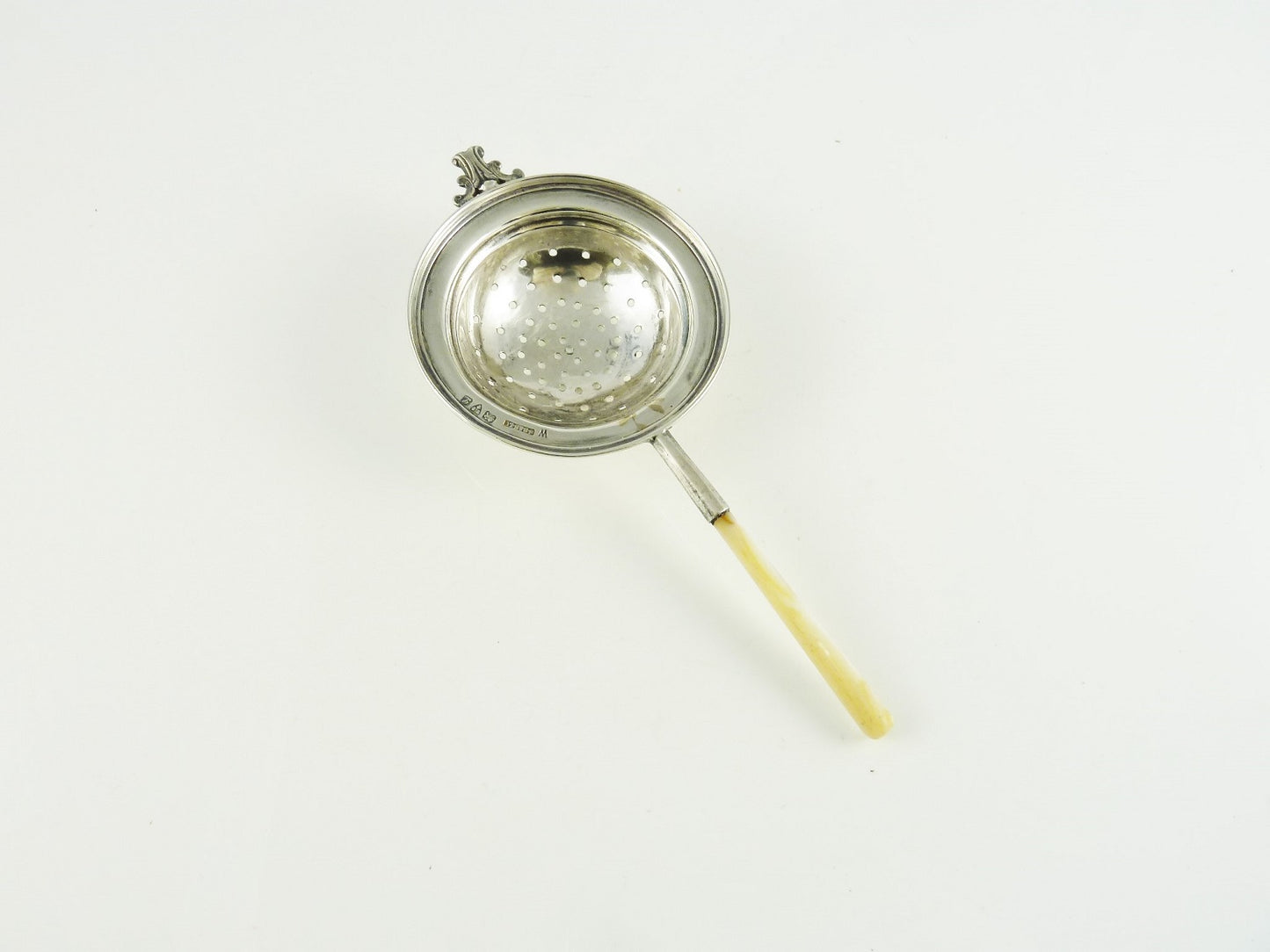 Antique English Sterling Silver Tea Strainer Over the Cup Style,  Mother of Pearl Handle - 43 Chesapeake Court Antiques