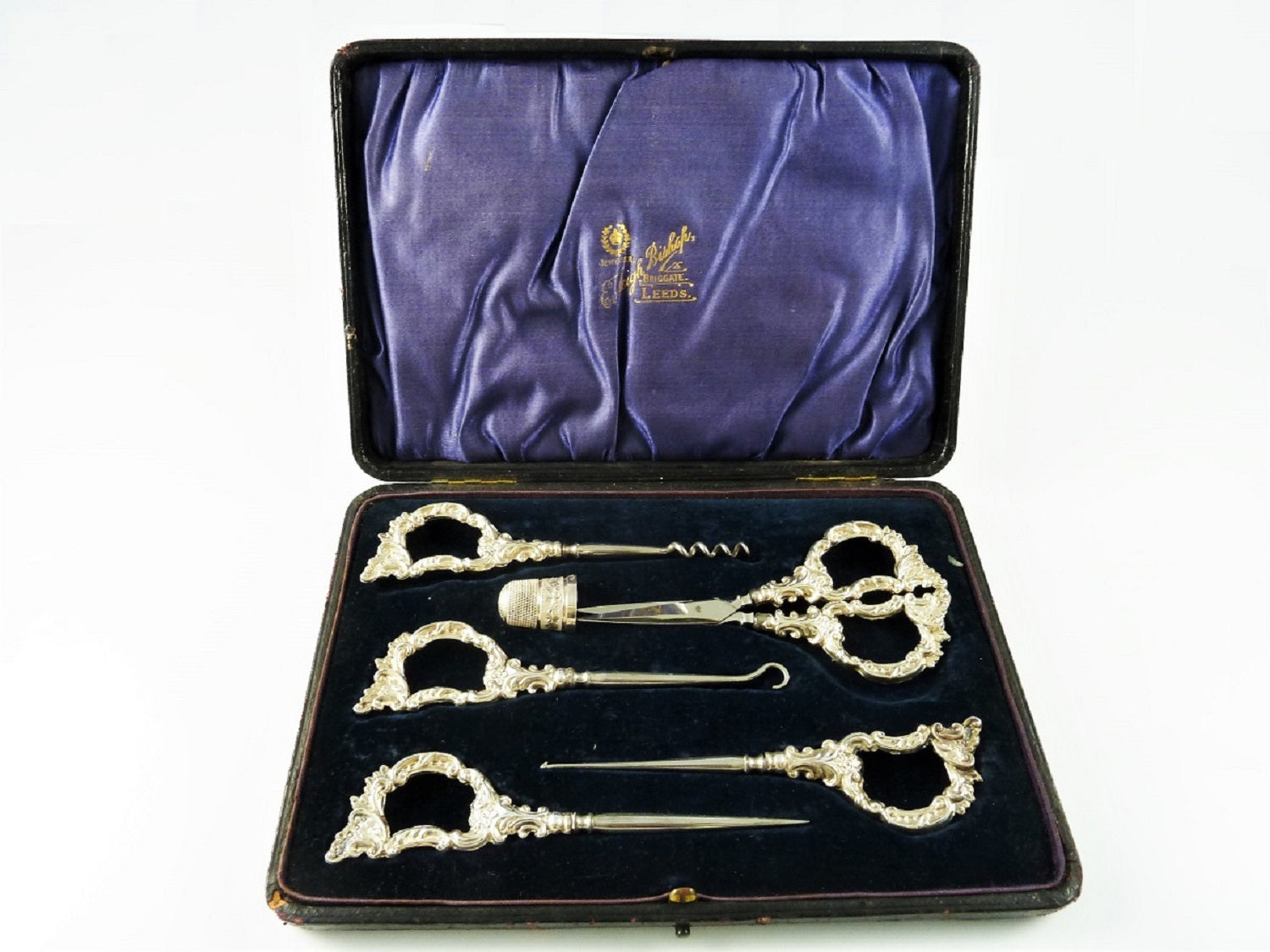 Antique English Sterling Silver Sewing Set Etui with Six Tools Scissors & Thimble - 43 Chesapeake Court Antiques