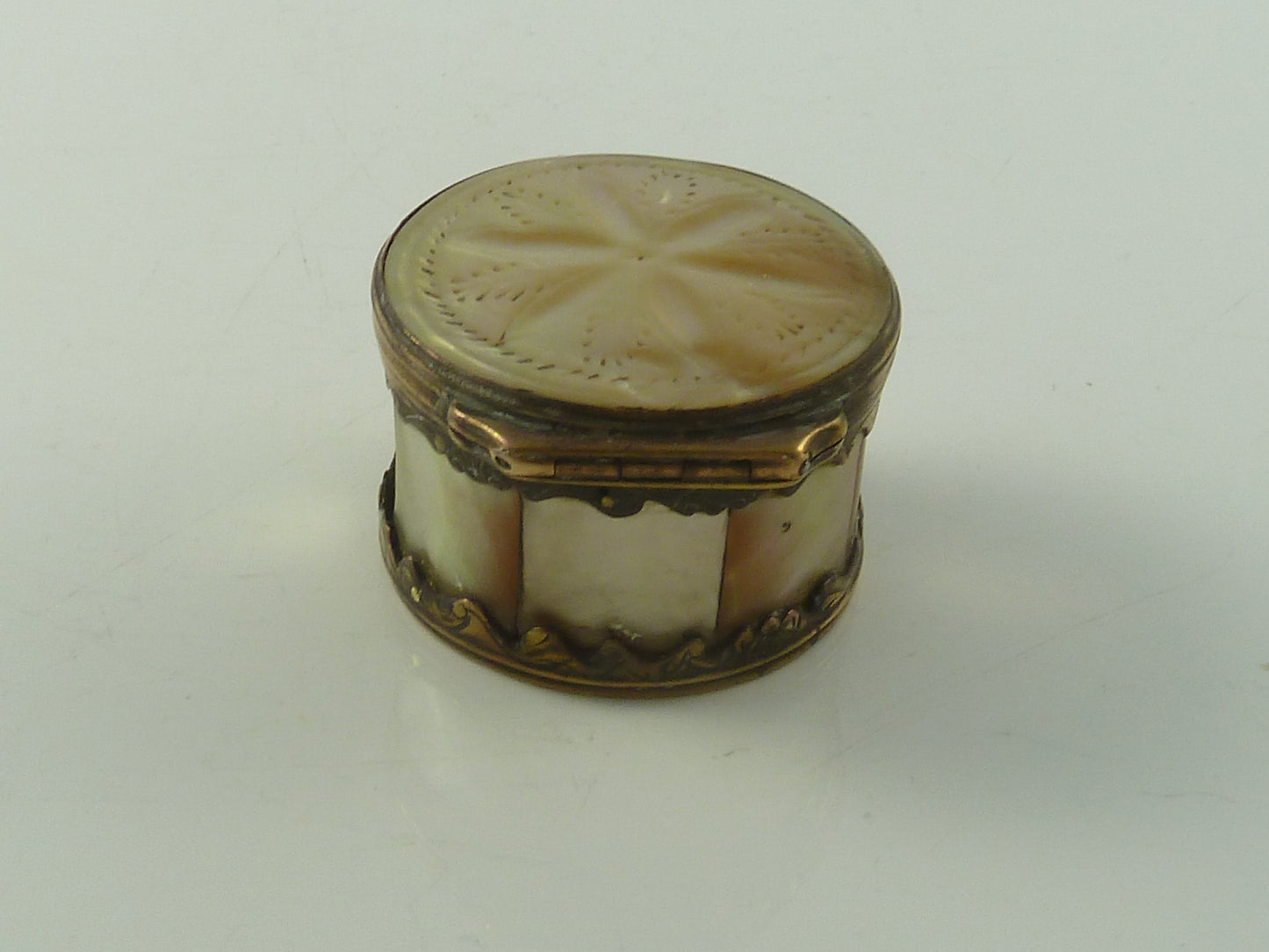 Antique Mother of Pearl Snuff Box with Gilt Metal,  C 1800 - 43 Chesapeake Court Antiques