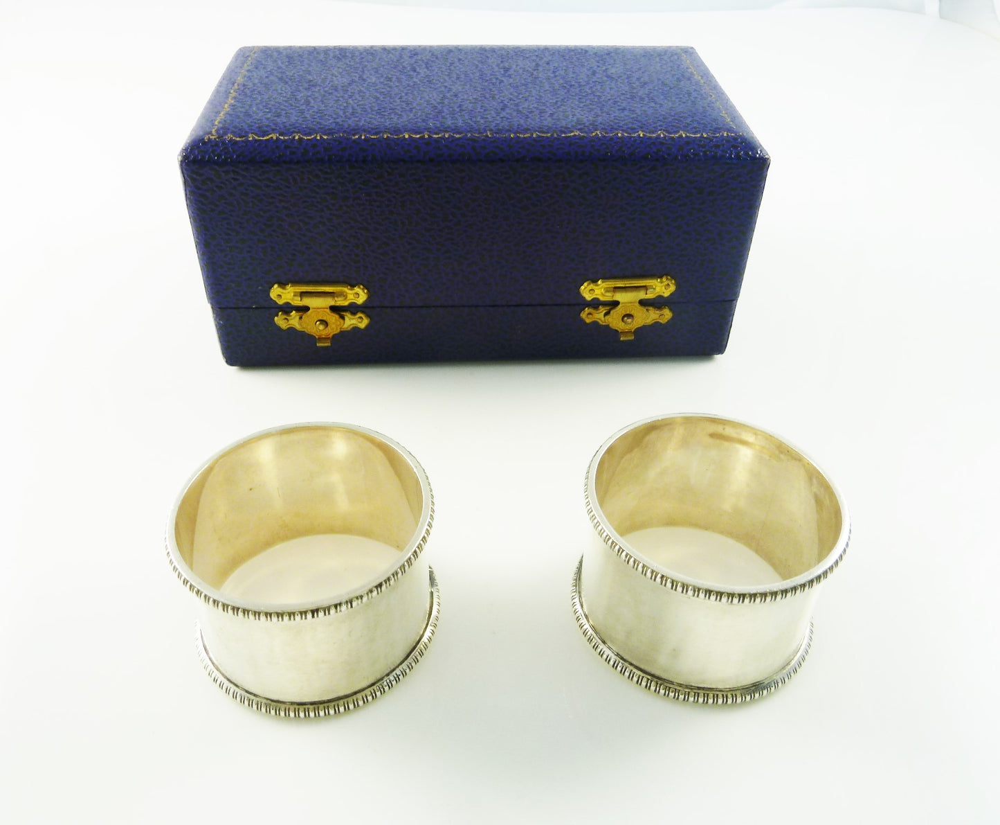 Antique English Sterling Silver Napkin Rings Pair with Gadroon Border Boxed Set - 43 Chesapeake Court Antiques