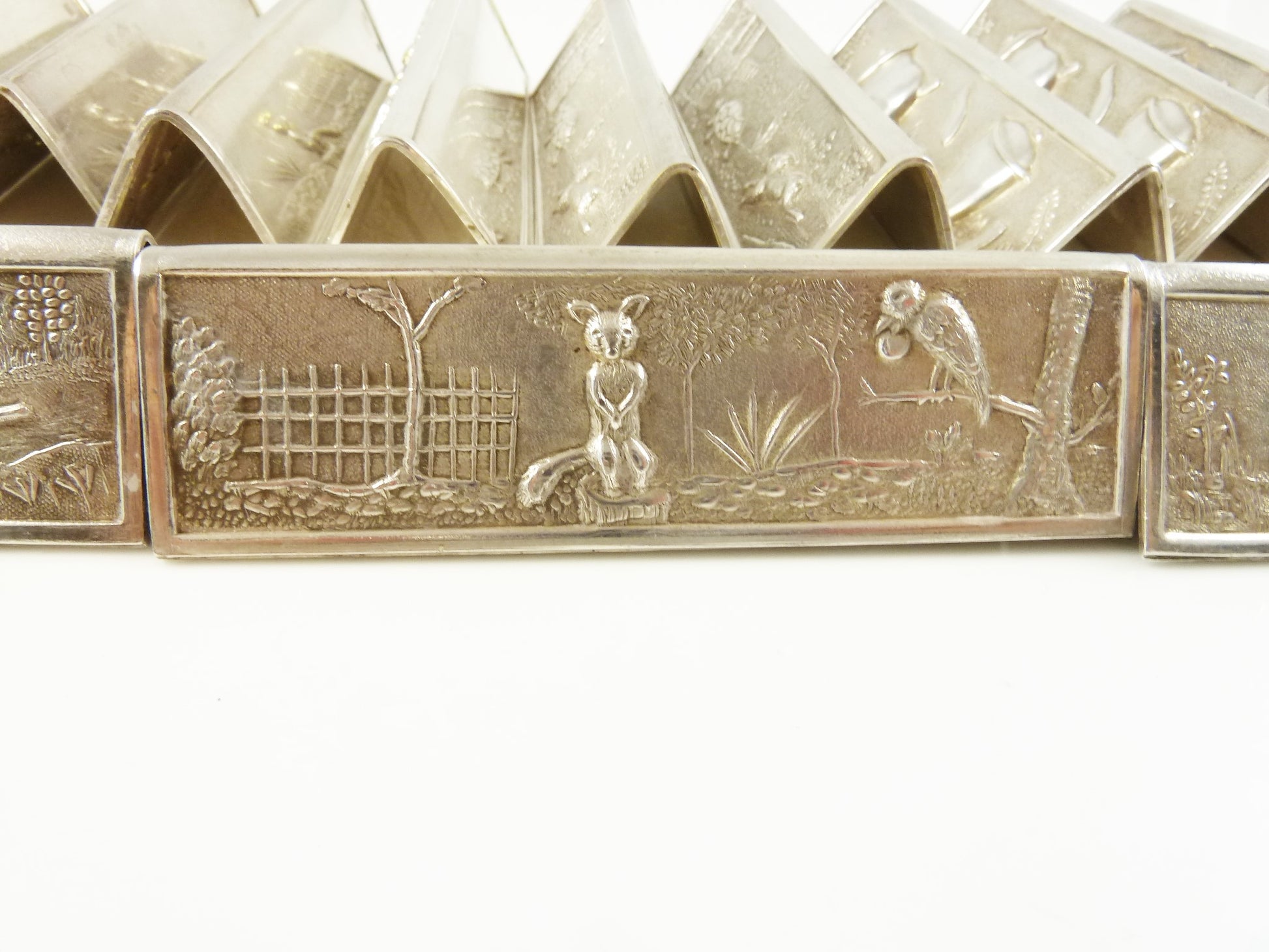 French Silver Plate Dinner Knife Rests Set of Twelve with Children's Tales Aesop's Fables - 43 Chesapeake Court Antiques