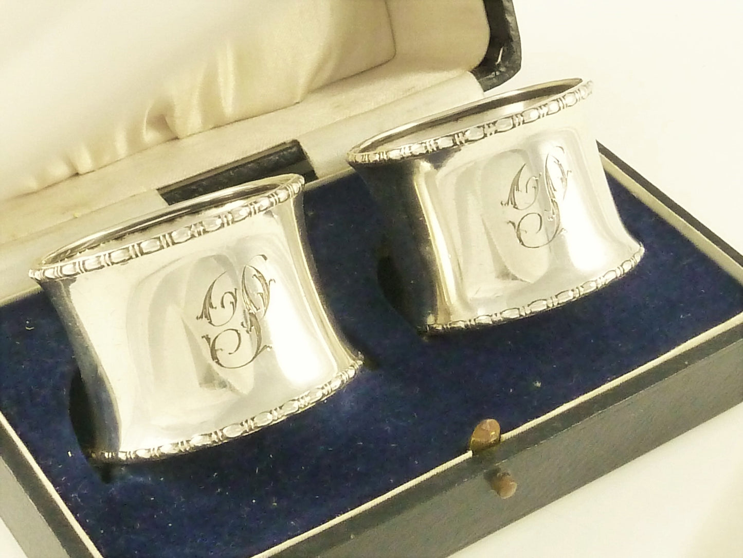 English Sterling Silver Napkin Rings, Monogram "P", A Pair with Presentation Box - 43 Chesapeake Court Antiques