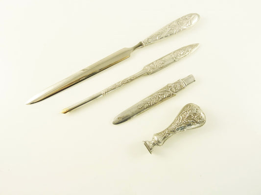 Antique French Silver Desk Set, Four Pieces Writing Tools, Dip Pen, Letter Opener, Seal, Pencil - 43 Chesapeake Court Antiques