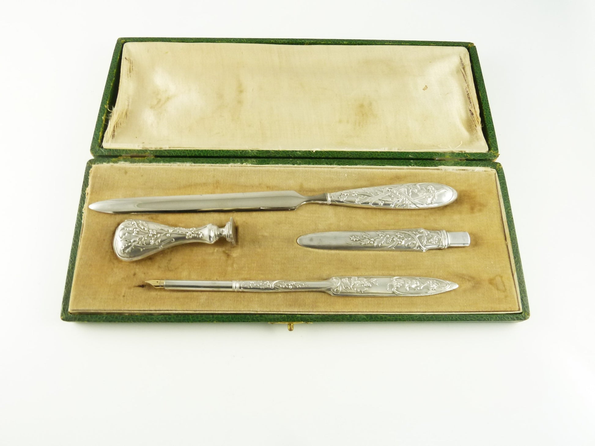 Antique French Silver Desk Set, Four Pieces Writing Tools, Dip Pen, Letter Opener, Seal, Pencil - 43 Chesapeake Court Antiques