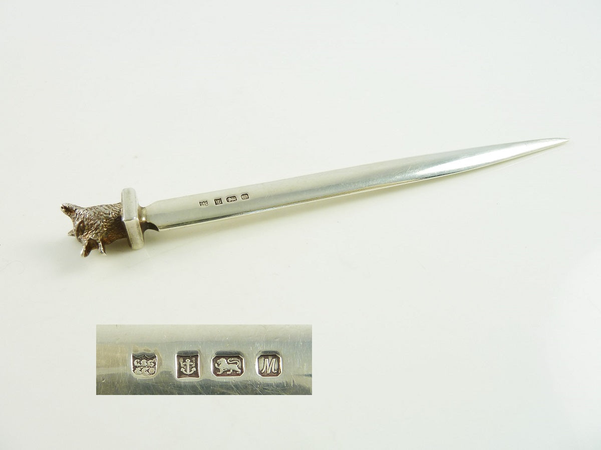 English Sterling Silver Letter Opener With Gilt Fox Head - 43 Chesapeake Court Antiques