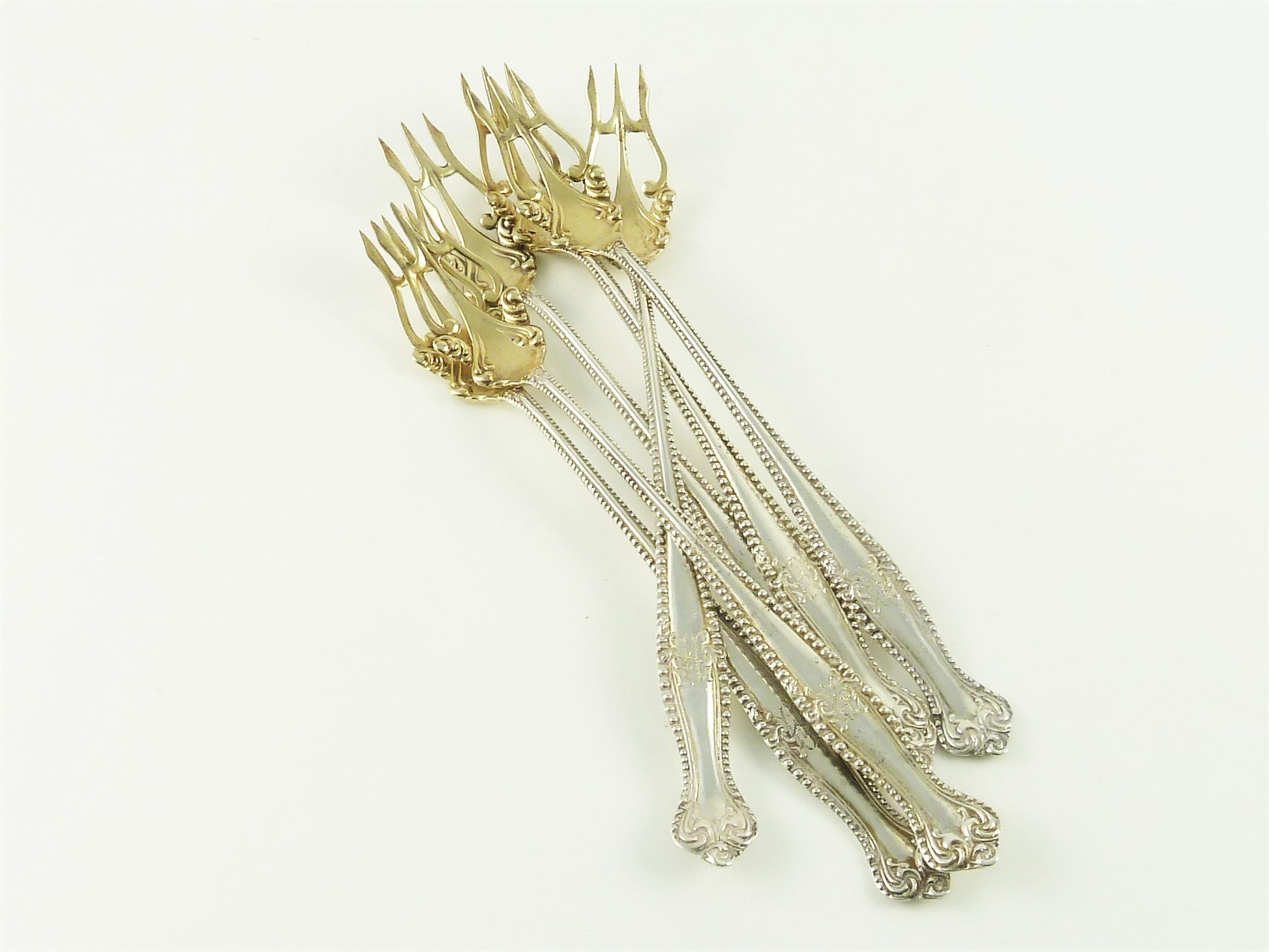 Sterling Silver Set of Six Oyster or Cocktail Forks, Ornate Tines with Gilt - 43 Chesapeake Court Antiques