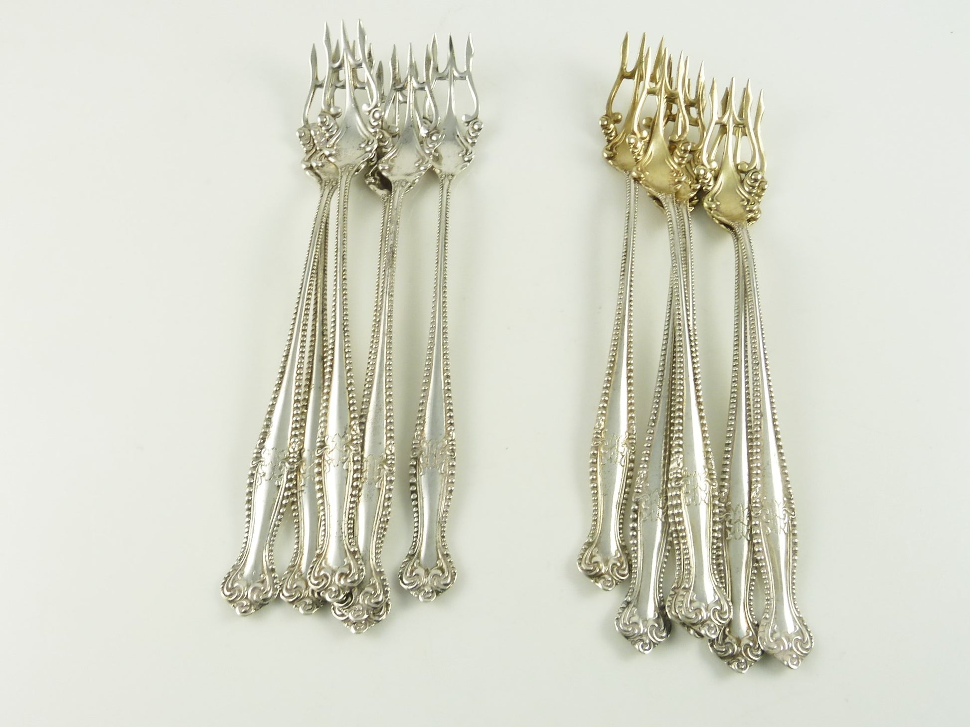Sterling Silver Set of Six Oyster or Cocktail Forks, Ornate Tines with Gilt - 43 Chesapeake Court Antiques