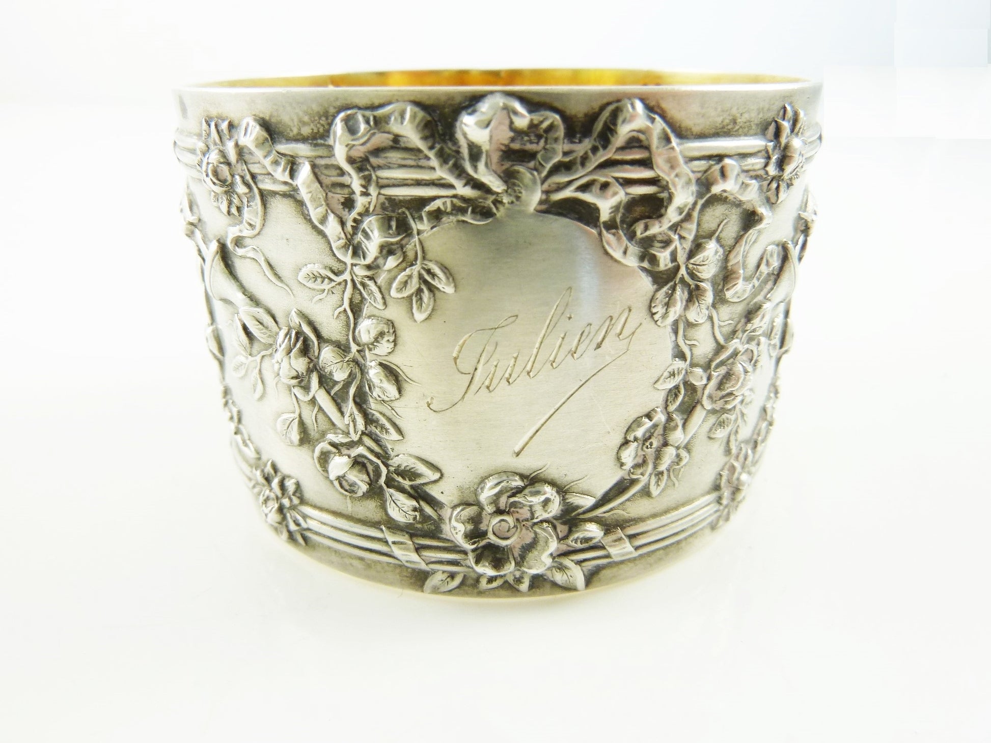 Antique Puiforcat French Sterling Silver Napkin Ring Roses & Ribbon Motifs - 43 Chesapeake Court Antiques