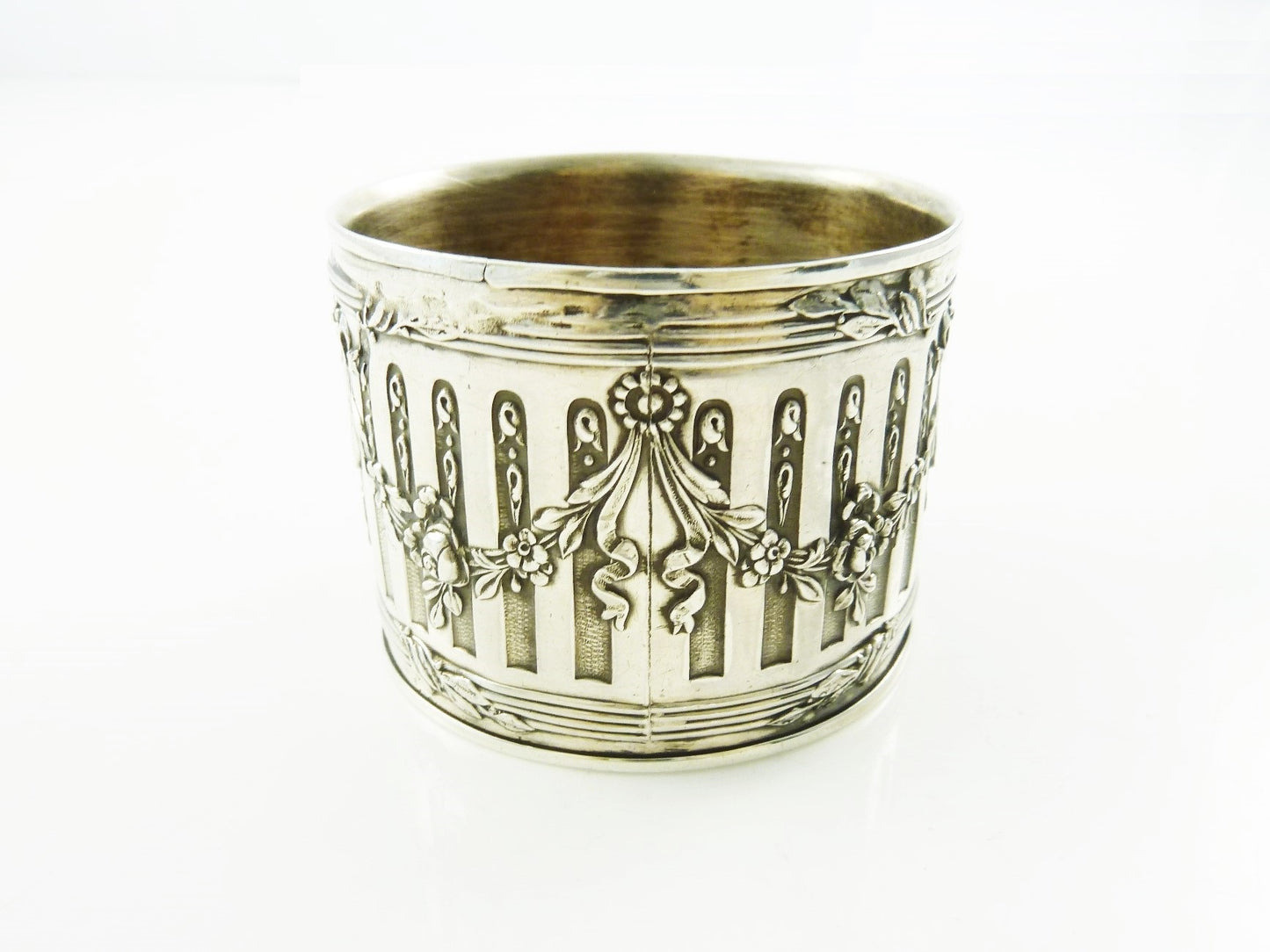 Antique French Sterling Silver Napkin Ring, Ribbons and Roses - 43 Chesapeake Court Antiques