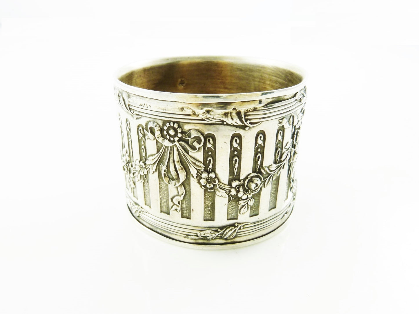 Antique French Sterling Silver Napkin Ring, Ribbons and Roses - 43 Chesapeake Court Antiques