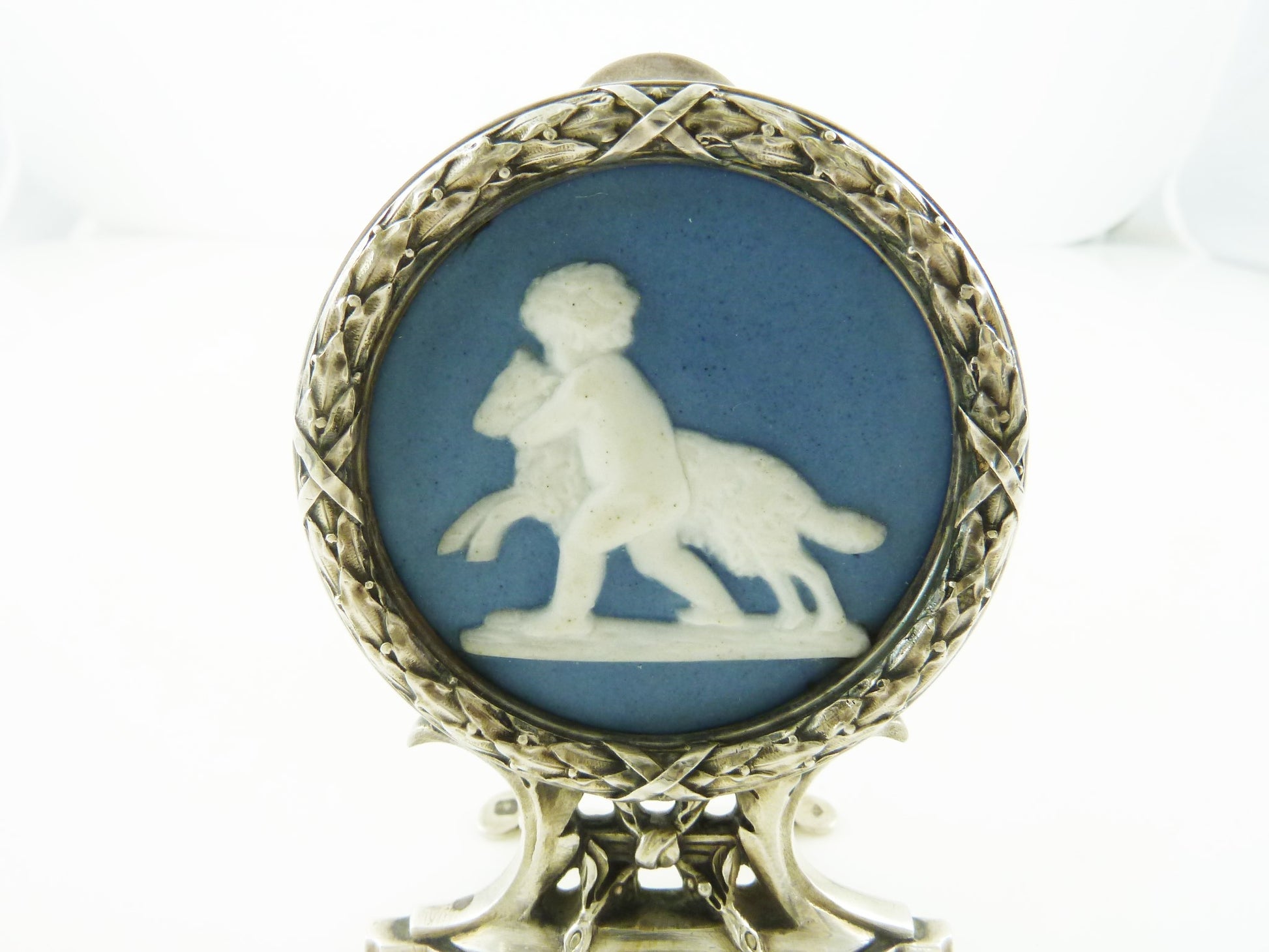 Antique French Sterling Silver & Porcelain Menu Holder, Large in Size with Putto and Lamb - 43 Chesapeake Court Antiques