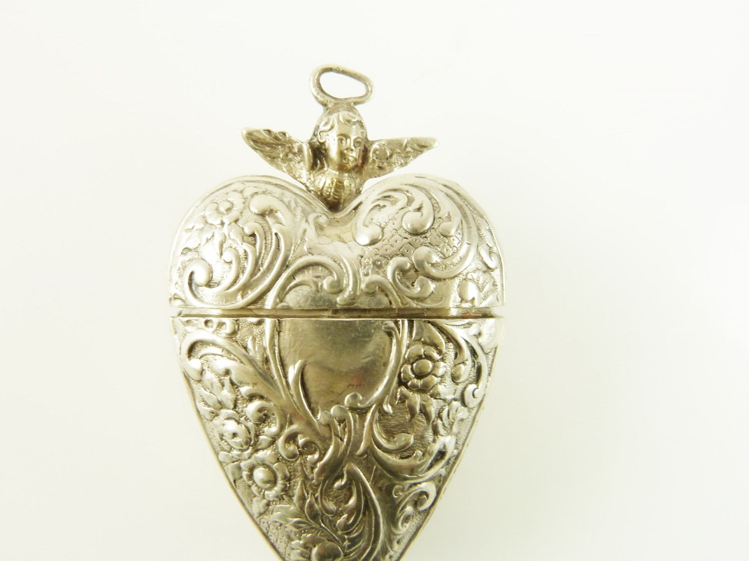Antique French Silver Locket, Heart Shaped with Angel or Cherub Face C 1880 - 43 Chesapeake Court Antiques