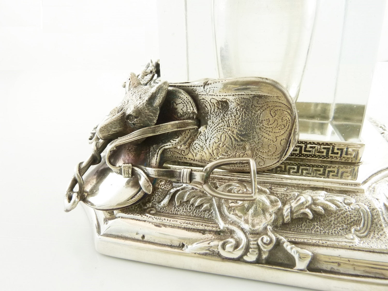 Equestrian Themed Silver Plate and Glass Inkwell Stand, Saddle and Crop - 43 Chesapeake Court Antiques