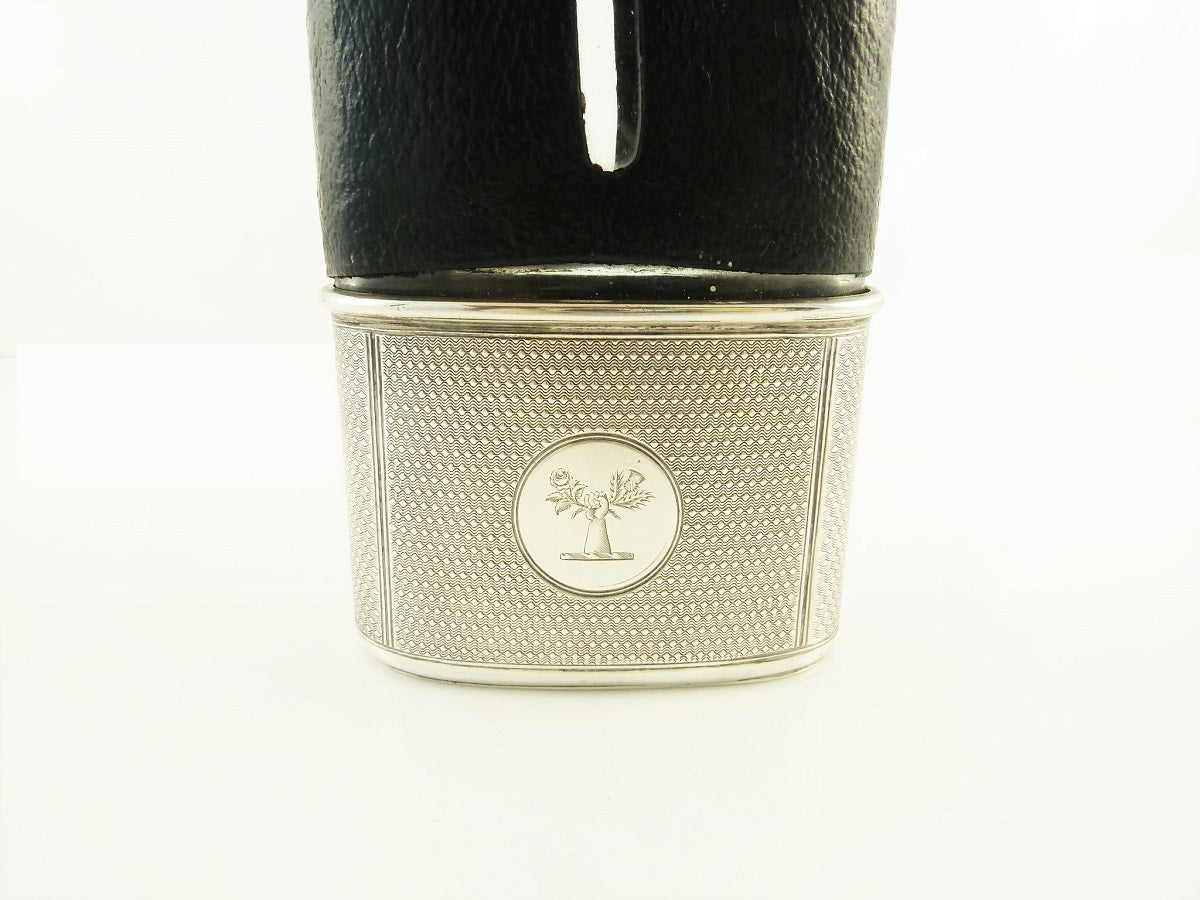 Antique English Sterling Silver Leather Hip Flask, Removable Cup, Family Crest - 43 Chesapeake Court Antiques