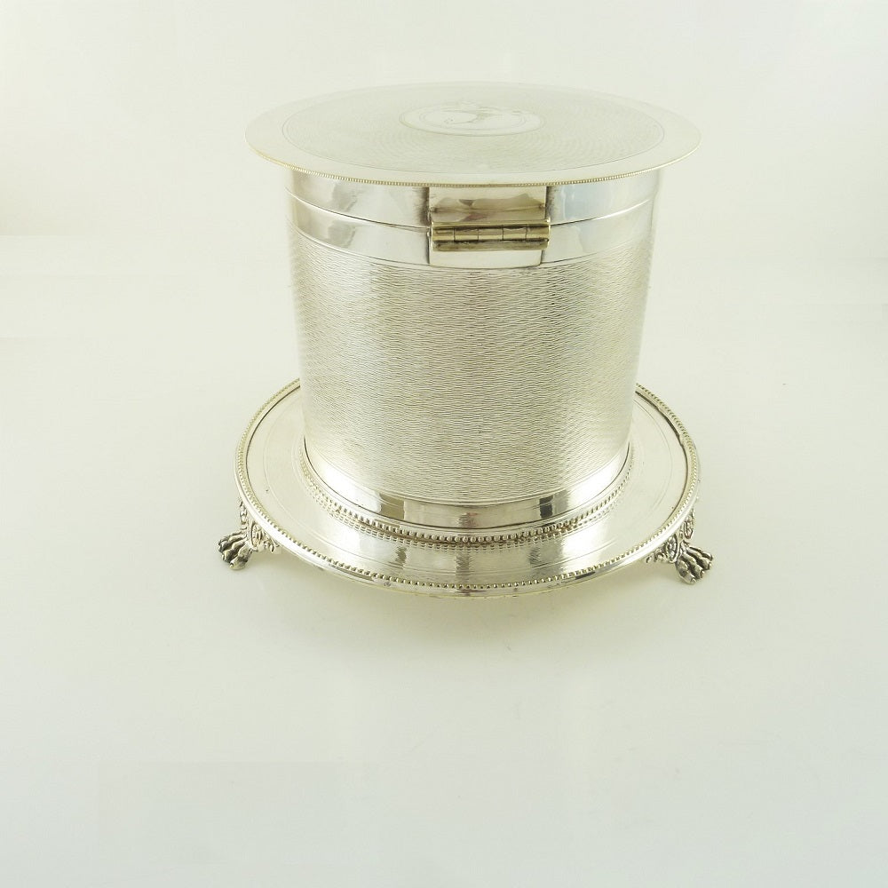 Antique English Silver Plate Biscuit Box, Barrel with Crest or Armorial - 43 Chesapeake Court Antiques