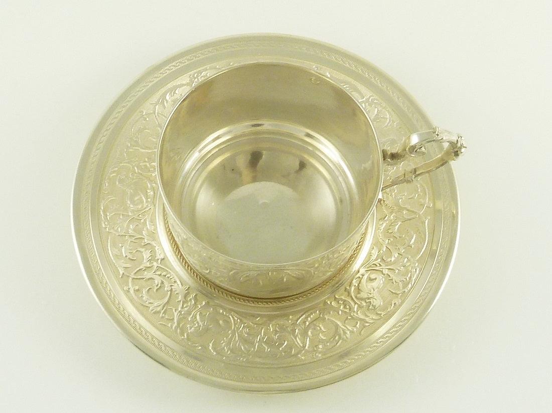 Antique French Sterling Silver Cup & Saucer Coffee, Eugène Roussel Dourtre - 43 Chesapeake Court Antiques