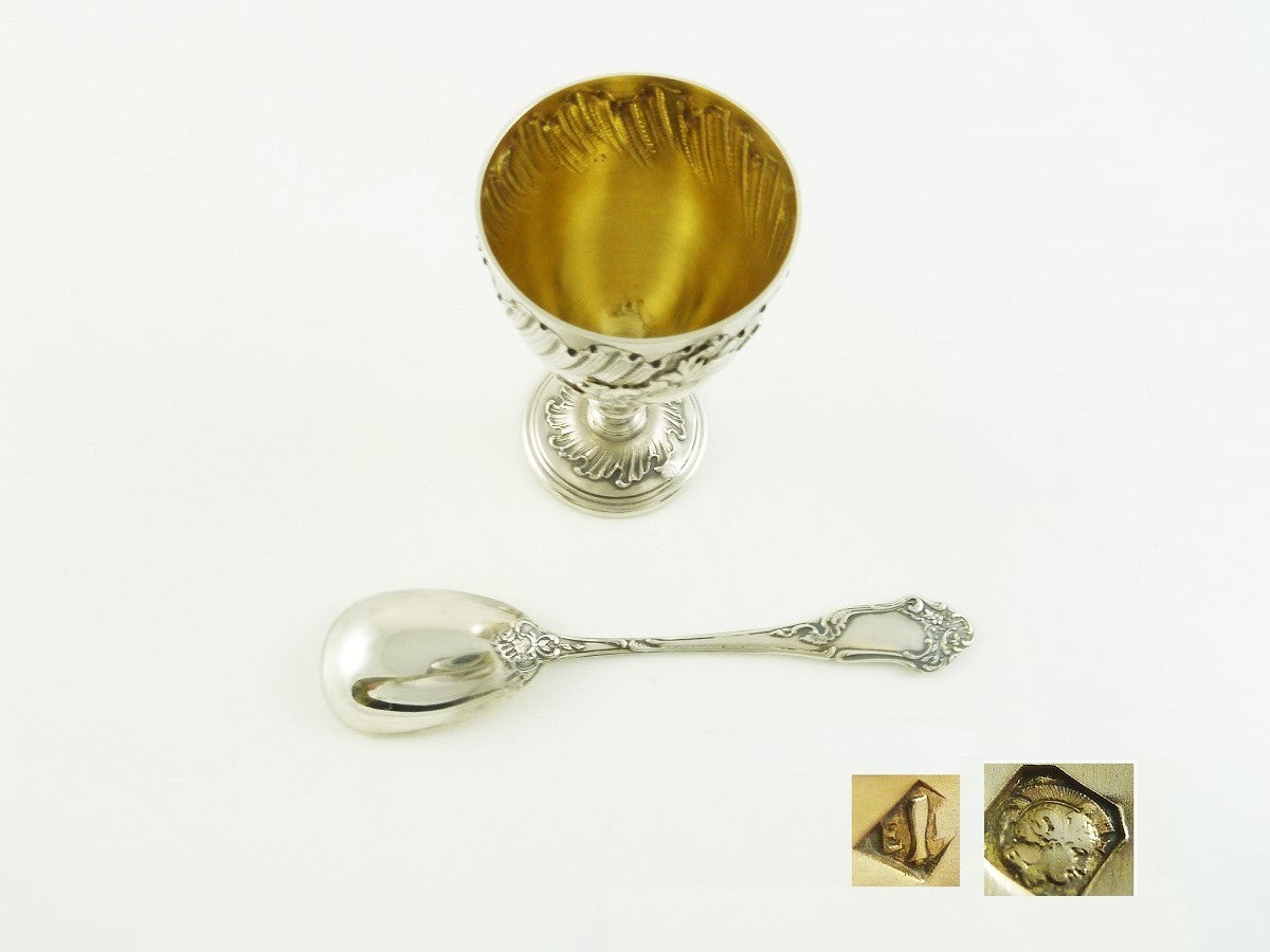 Antique French Sterling Silver Egg Cup & Spoon with Presentation Case - 43 Chesapeake Court Antiques