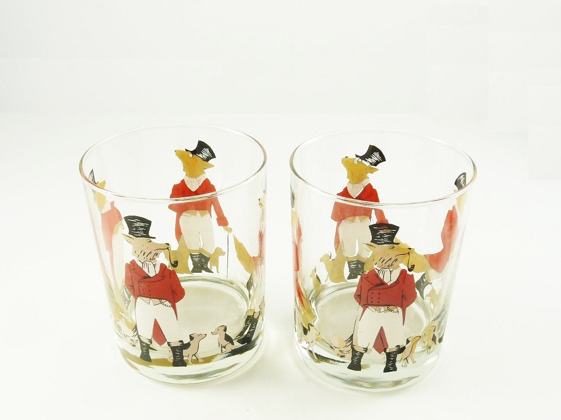 Vintage Set of 6 Equestrian Fox and Hound Tumbler or Rocks Cocktail Glasses - 43 Chesapeake Court Antiques