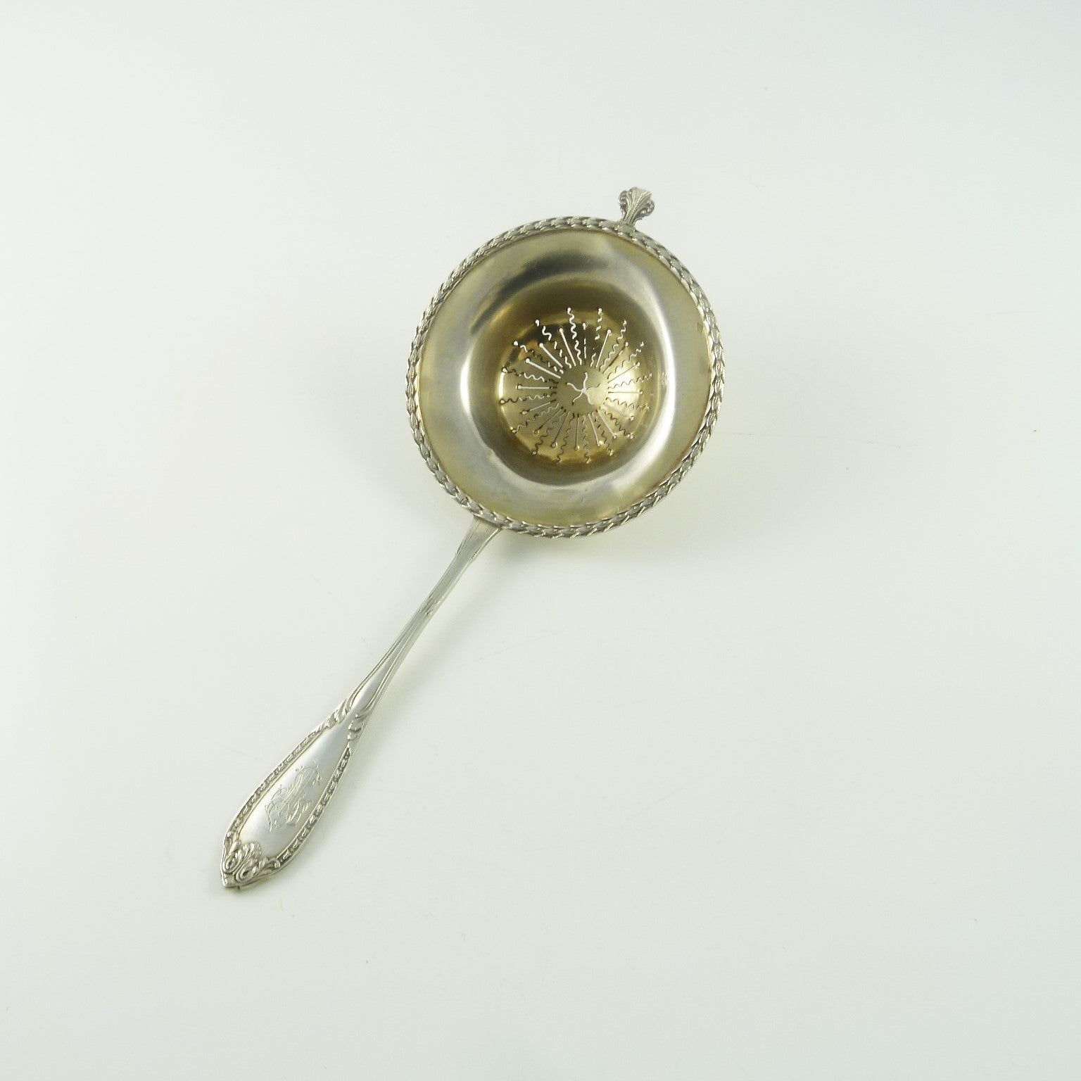 Antique French Sterling Silver Tea Strainer with Vermeil, Over the Cup Style - 43 Chesapeake Court Antiques