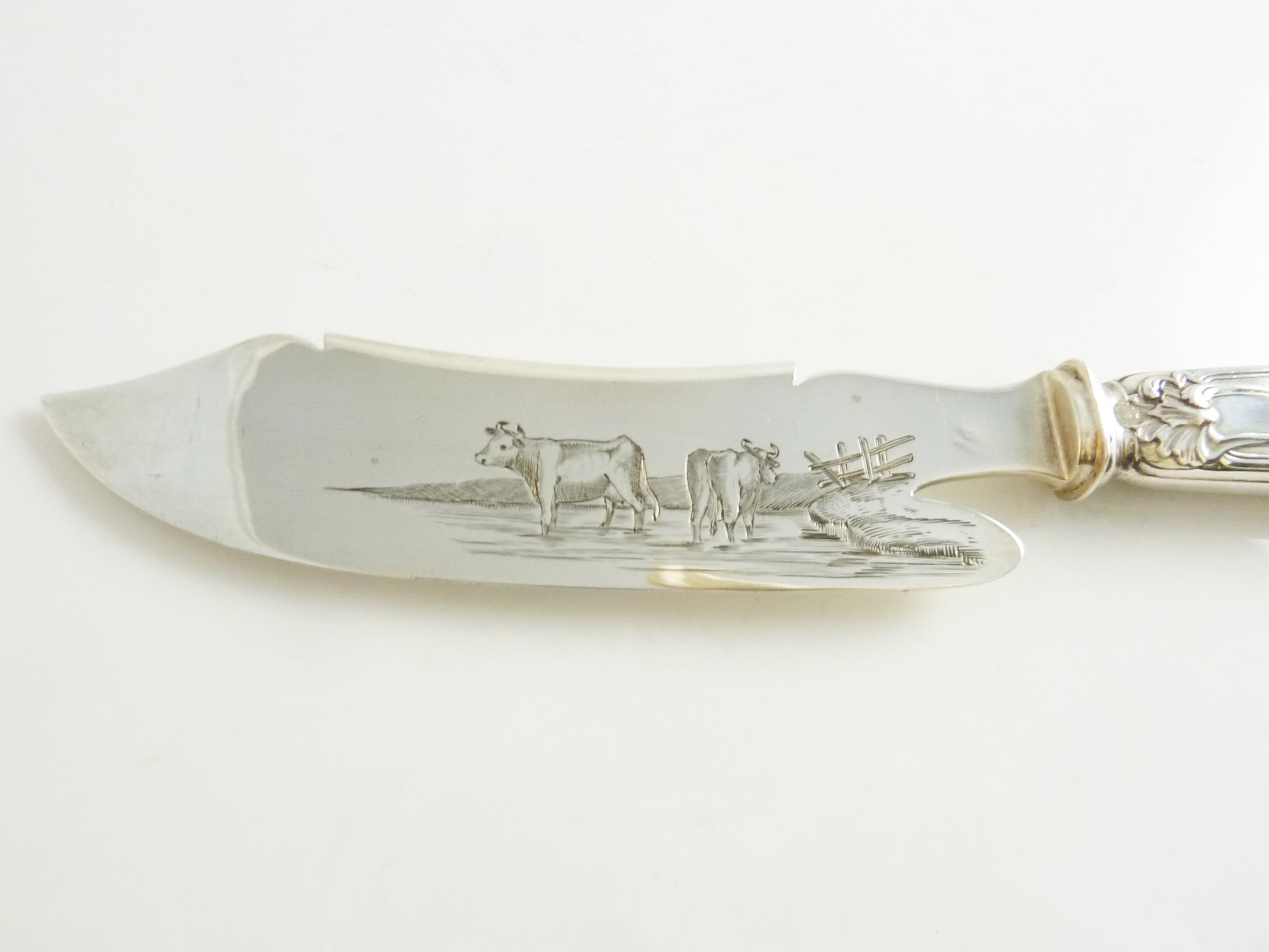 French Silver Cheese Knife, Engraved with Cows - 43 Chesapeake Court Antiques 