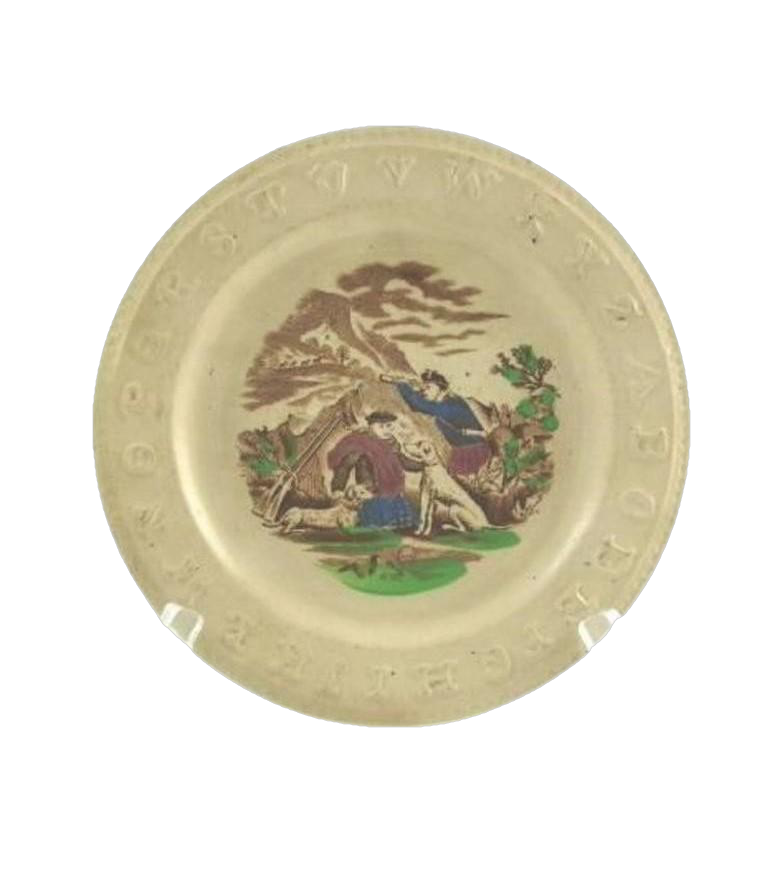 Antique Children's ABC Plate,  Pottery Transfer-ware Raised Alphabet with Dogs - 43 Chesapeake Court Antiques