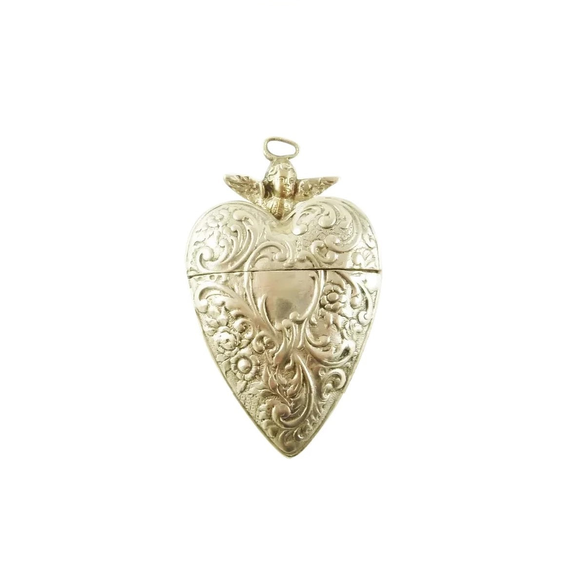 Antique French Silver Locket, Heart Shaped with Angel or Cherub Face C 1880 - 43 Chesapeake Court Antiques