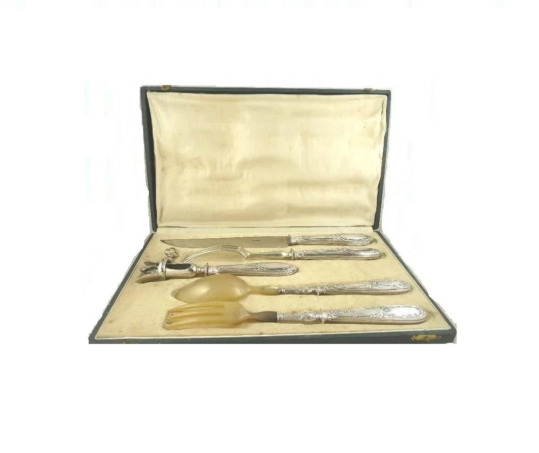 Antique French Sterling Silver Serving Set with Carving Knife & Bone Holder - 43 Chesapeake Court Antiques