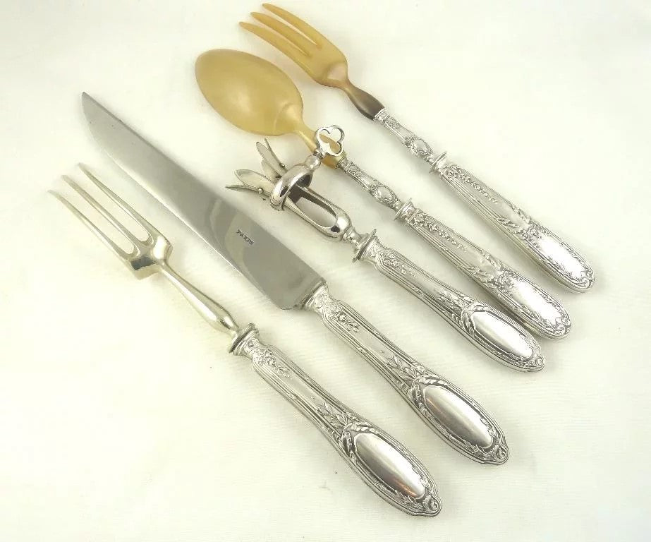 Antique French Sterling Silver Serving Set with Carving Knife & Bone Holder - 43 Chesapeake Court Antiques