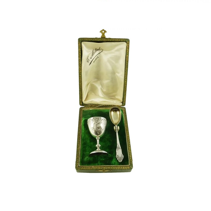 Antique French Sterling Silver Egg Cup & Spoon with Presentation Case - 43 Chesapeake Court Antiques