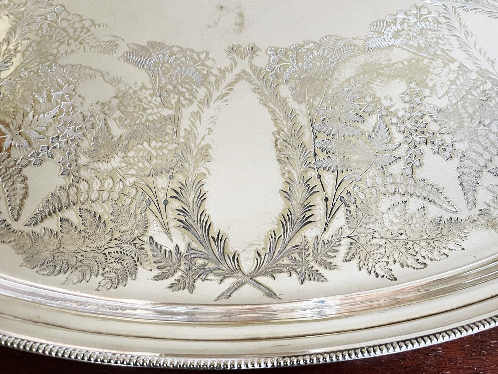 Antique Large English Silver Plate Tray, Victorian Fern Motifs