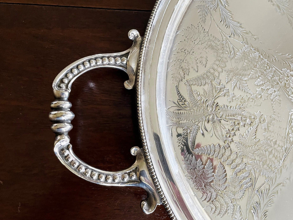 Large antique silver tray, fern motifs - 43 Chesapeake Court Antiuqes