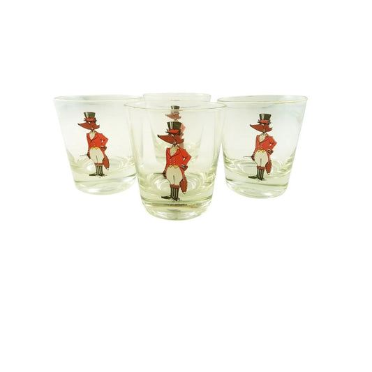 Vintage Set of 4 Equestrian Old-Fashioned Cocktail Glasses, Fox with Hunt Crop - 43 Chesapeake Court Antiques