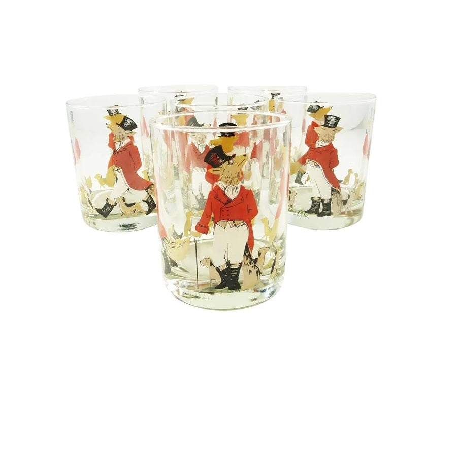 Vintage Set of 6 Equestrian Fox and Hound Tumbler or Rocks Cocktail Glasses - 43 Chesapeake Court Antiques