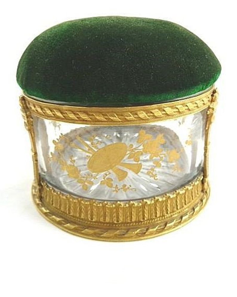 French Box Bronze Dore  Antique French Pin Cushion,  Hand Painted Gilt Details - 43 Chesapeake Court Antiques