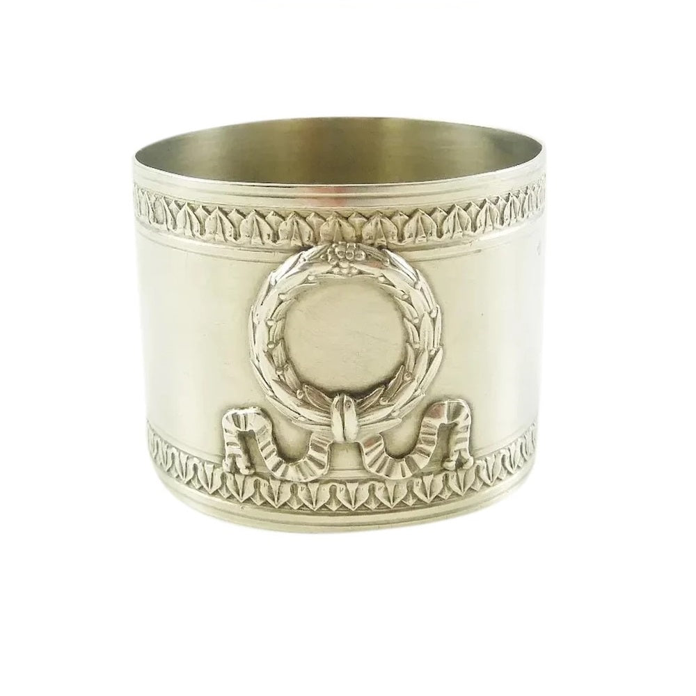 Antique French Sterling Silver Napkin Ring, Laurel Wreath and Ribbons - 43 Chesapeake Court Antiques