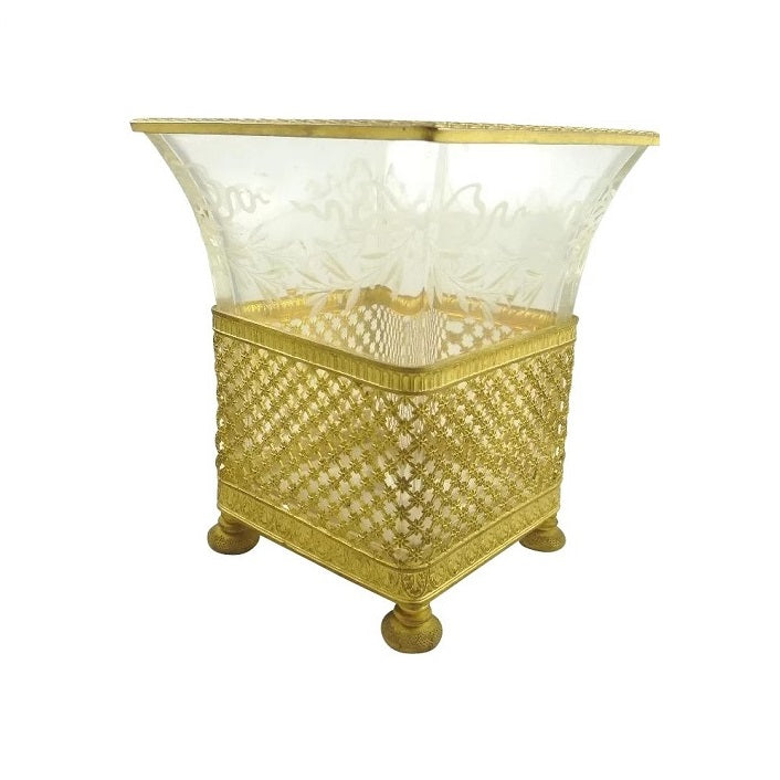 Antique French Gilt Ormolu and Crystal Vase Etched with Bows & Swags - 43 Chesapeake Court Antiques