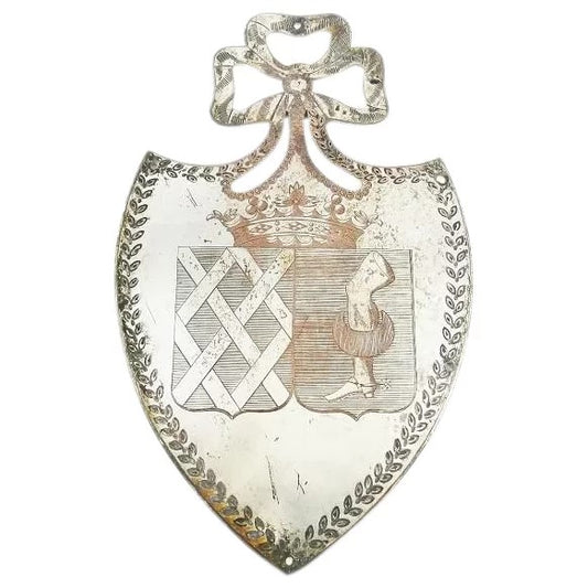 Antique French Plaque Shield Shaped Silver over Copper with Crown and Armorial Crest Architectural - 43 Chesapeake Court Antiques