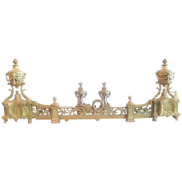 Antique French Gilt Andirons with Matching Fender, Louis XVI Style - 43 Chesapeake Court Antiques